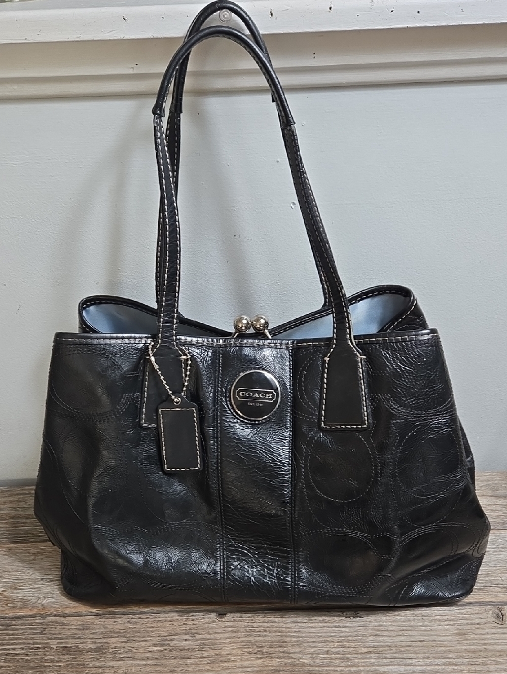 Coach Black Kiss Lock Leather Tote with Signature Medallion
